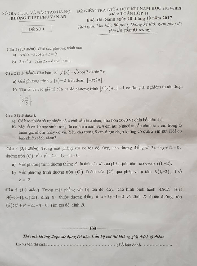 Đề kiểm tra giữa học kỳ I năm học 2017 2018 môn Toán 11 trường THPT Chu Văn An Hà Nội