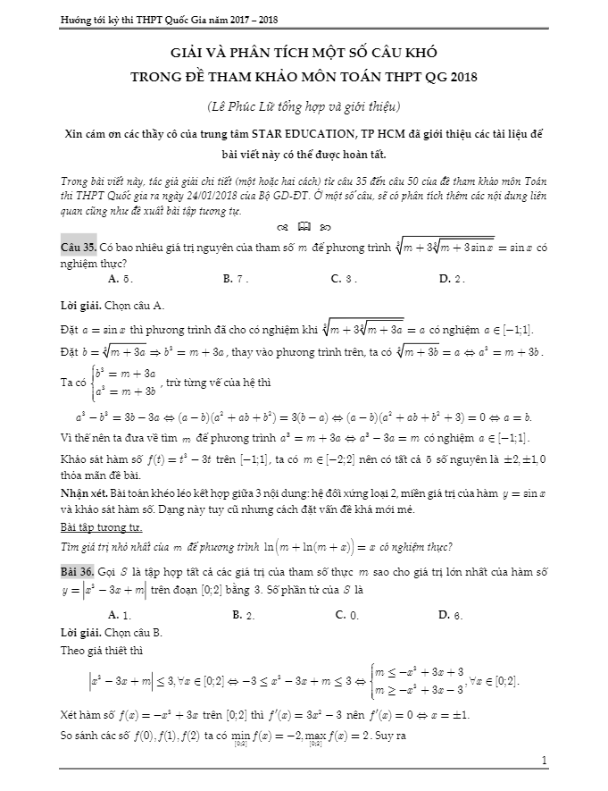 Giải và phân tích một số câu khó trong đề tham khảo môn toán THPT QG 2018 Lê Phúc Lữ