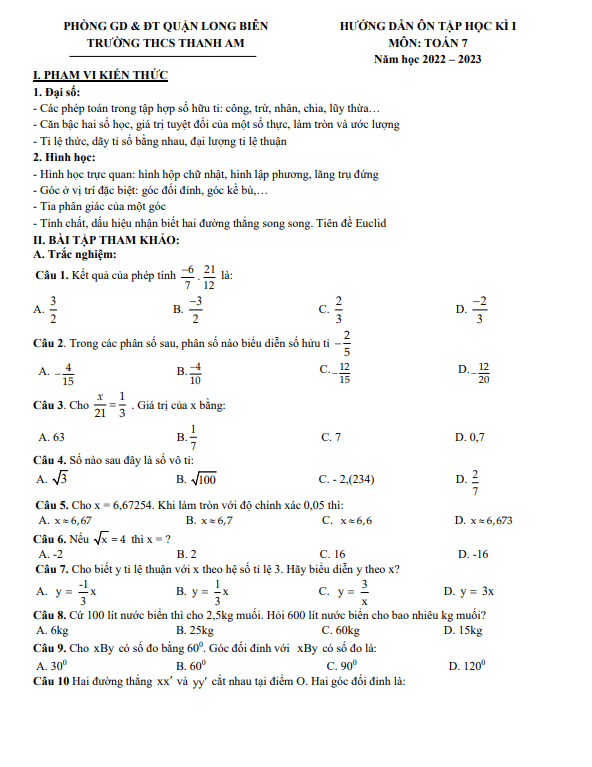 Hướng dẫn ôn tập cuối học kì 1 (HK1) lớp 7 môn Toán năm 2022 2023 THCS Thanh Am Hà Nội