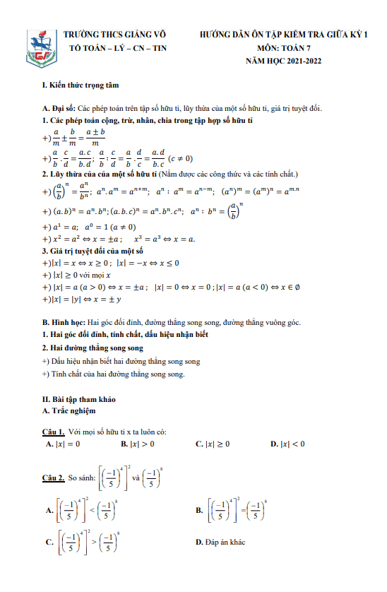 Hướng dẫn ôn tập giữa học kì 1 (HK1) lớp 7 môn Toán năm 2021 2022 trường THCS Giảng Võ Hà Nội