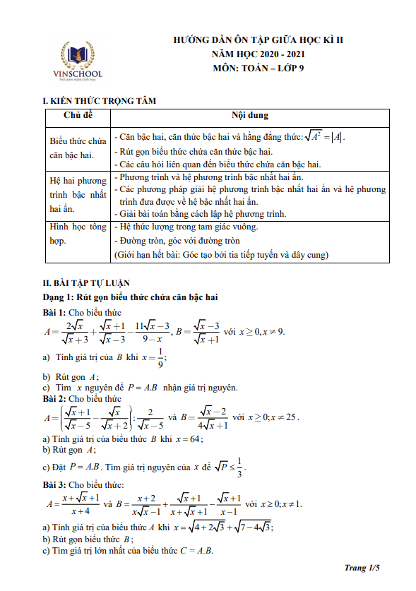 Hướng dẫn ôn tập giữa học kì 2 (HK2) lớp 9 môn Toán năm 2020 2021 trường Vinschool Hà Nội
