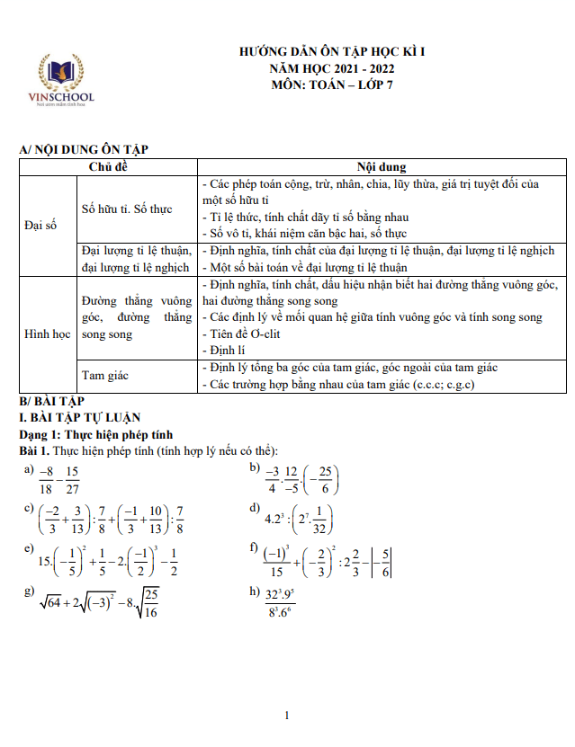 Hướng dẫn ôn tập học kì 1 (HK1) lớp 7 môn Toán năm 2021 2022 trường Vinschool Hà Nội