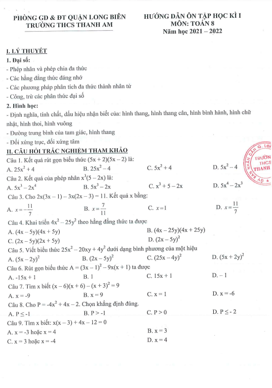 Hướng dẫn ôn tập học kì 1 (HK1) lớp 8 môn Toán năm 2021 2022 trường THCS Thanh Am Hà Nội