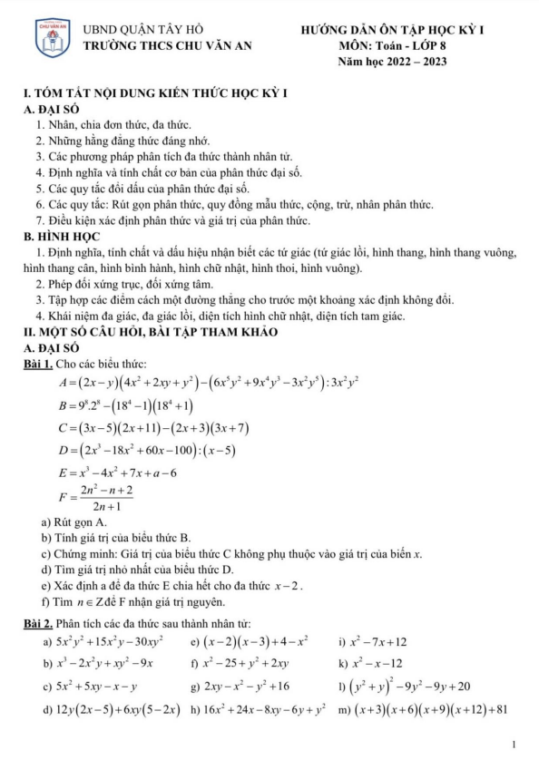 Hướng dẫn ôn tập học kì 1 (HK1) lớp 8 môn Toán năm 2022 2023 trường THCS Chu Văn An Hà Nội