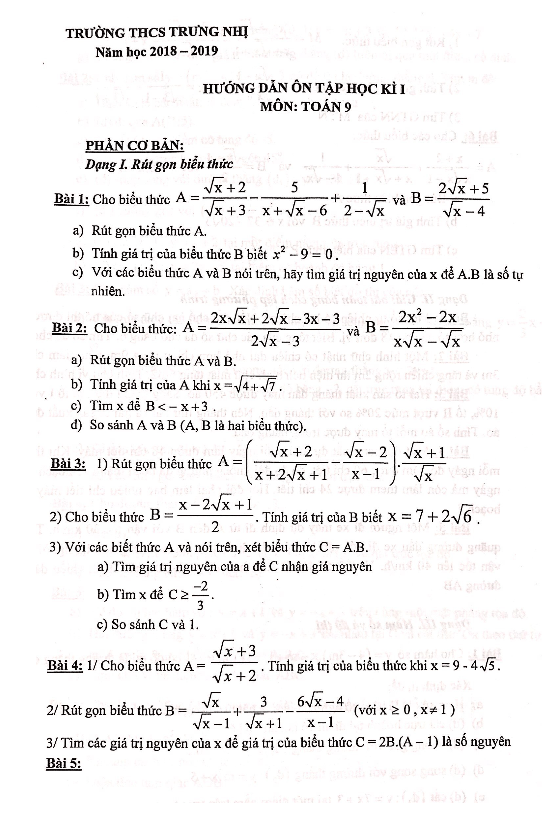 Hướng dẫn ôn tập học kì 1 (HK1) lớp 9 môn Toán năm 2018 2019 trường THCS Trưng Nhị Hà Nội