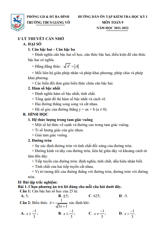 Hướng dẫn ôn tập học kì 1 (HK1) lớp 9 môn Toán năm 2021 2022 trường THCS Giảng Võ Hà Nội