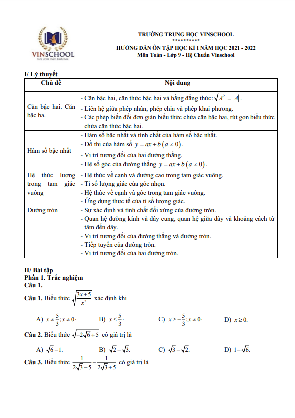 Hướng dẫn ôn tập học kì 1 (HK1) lớp 9 môn Toán năm 2021 2022 trường Vinschool Hà Nội