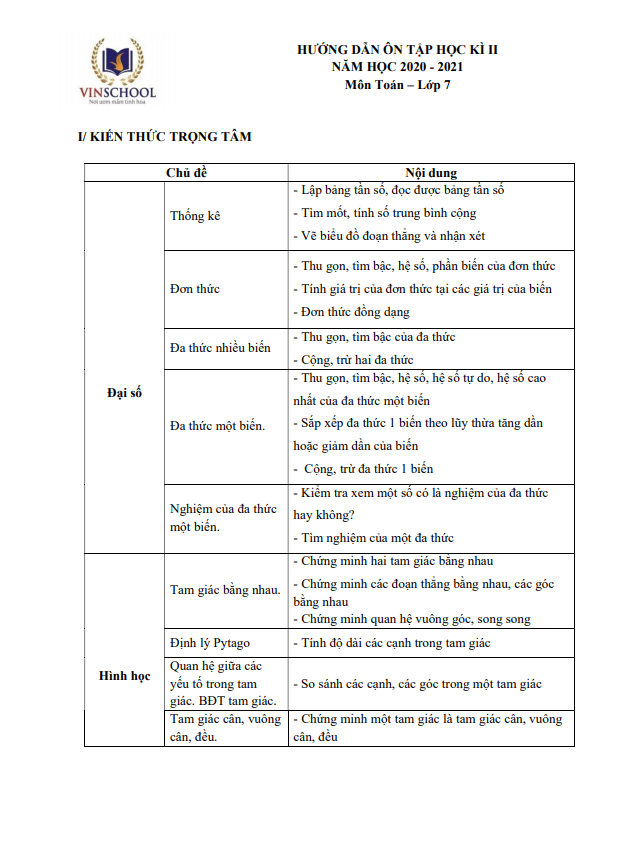 Hướng dẫn ôn tập học kì 2 (HK2) lớp 7 môn Toán năm 2020 2021 trường Vinschool Hà Nội