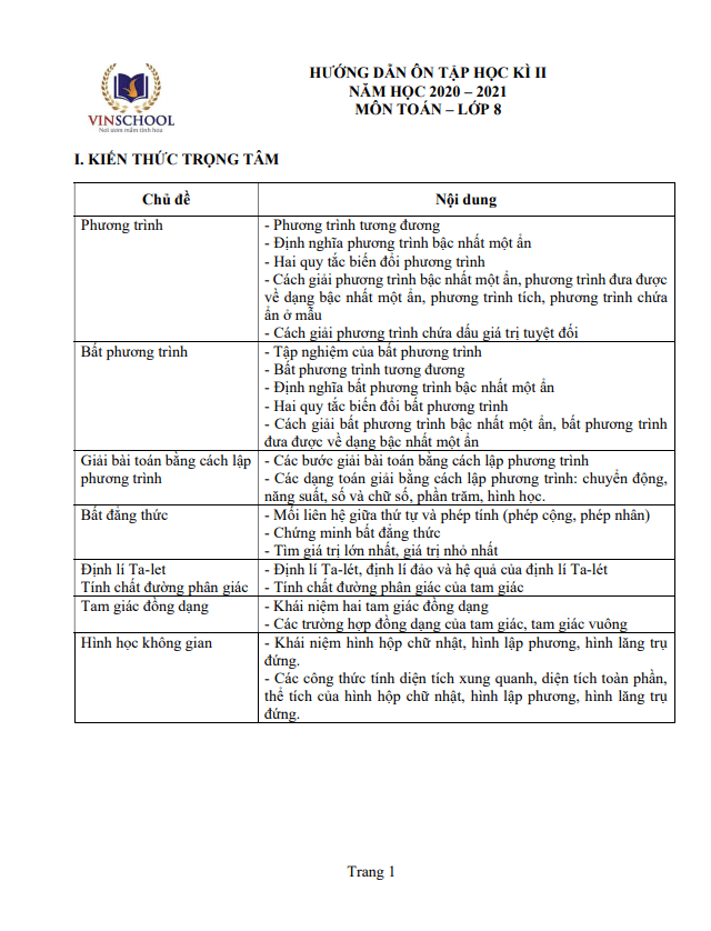 Hướng dẫn ôn tập học kì 2 (HK2) lớp 8 môn Toán năm 2020 2021 trường Vinschool Hà Nội