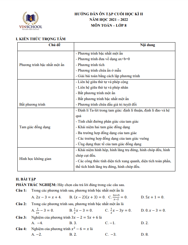 Hướng dẫn ôn tập học kì 2 (HK2) lớp 8 môn Toán năm 2021 2022 trường Vinschool Hà Nội