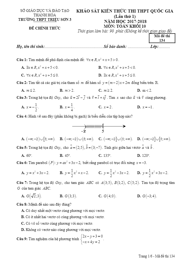 Khảo sát kiến thức thi THPT Quốc gia lần 1 năm 2017 2018 lớp 10 môn Toán trường Triệu Sơn 3 Thanh Hóa
