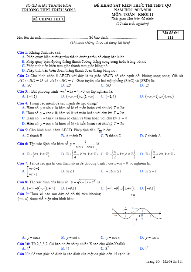 Khảo sát kiến thức thi THPT Quốc gia năm học 2017 – 2018 lớp 11 môn Toán trường Triệu Sơn 3 – Thanh Hóa