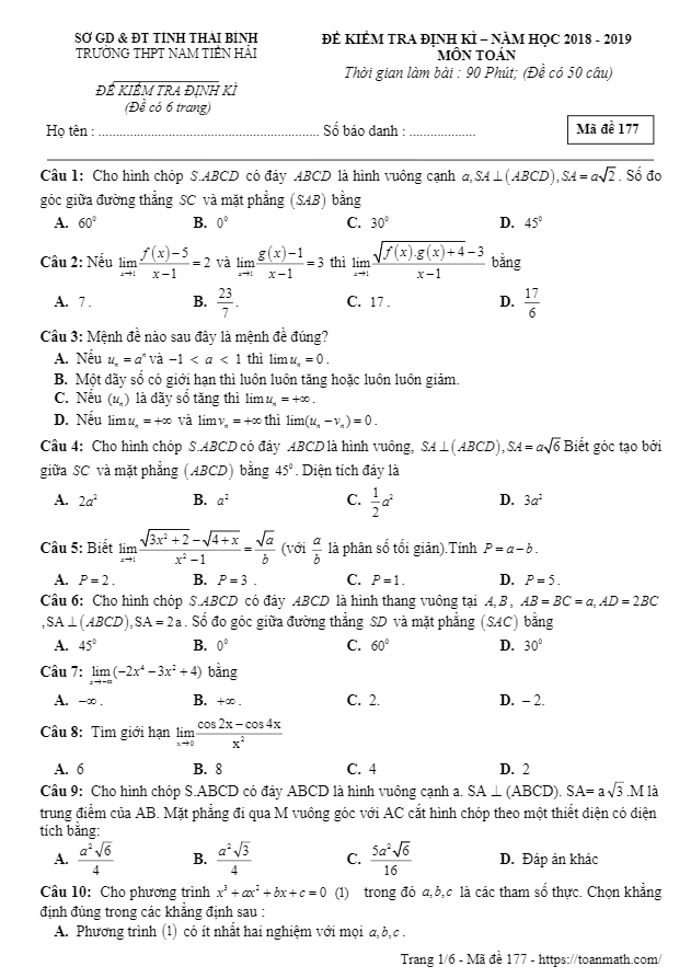 Kiểm tra định kỳ lớp 11 môn Toán năm 2018 2019 trường Nam Tiền Hải Thái Bình