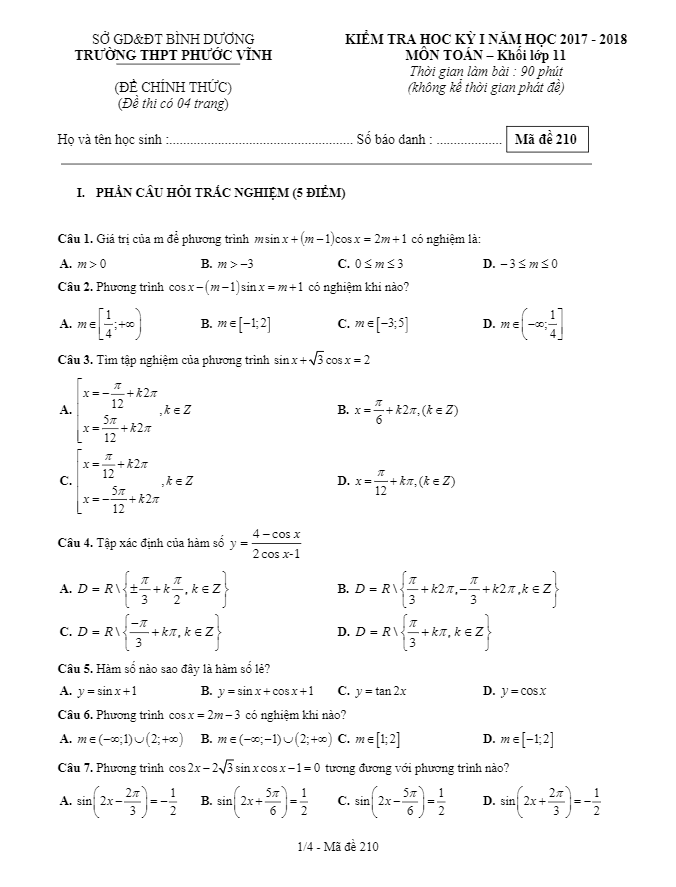 Kiểm tra học kì 1 (HK1) lớp 11 môn Toán năm học 2017 2018 trường THPT Phước Vĩnh Bình Dương
