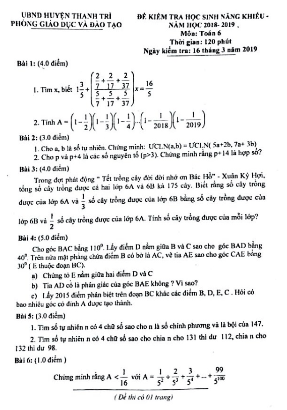 Kiểm tra học sinh năng khiếu lớp 6 môn Toán năm 2018 2019 phòng GD ĐT Thanh Trì Hà Nội