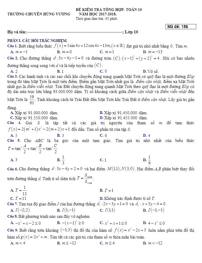 Kiểm tra tổng hợp lớp 10 môn Toán năm 2017 2018 trường chuyên Hùng Vương Bình Dương