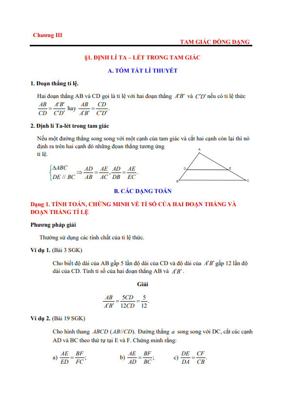 Lý thuyết, các dạng toán và bài tập tam giác đồng dạng