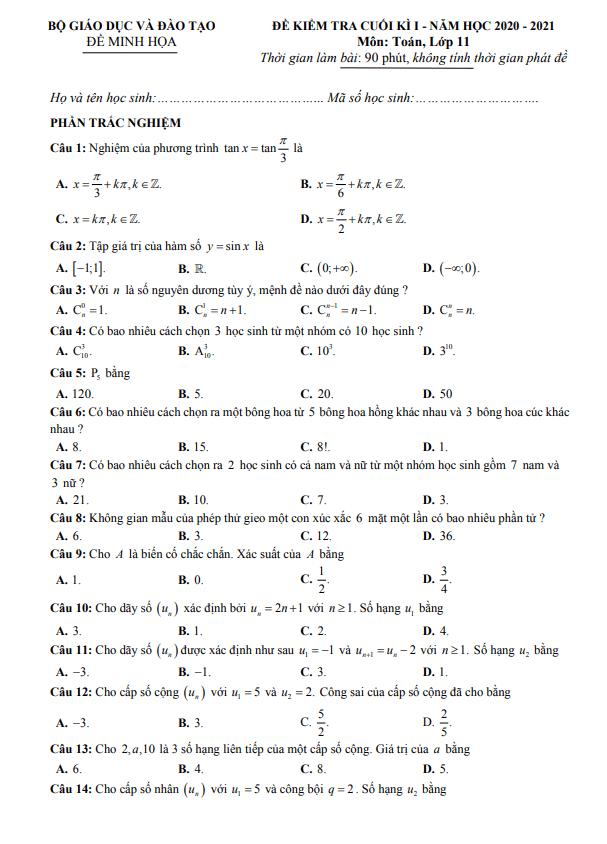 Ma trận, bảng đặc tả kĩ thuật và đề minh họa kiểm tra cuối học kì 1 (HK1) lớp 11 môn Toán