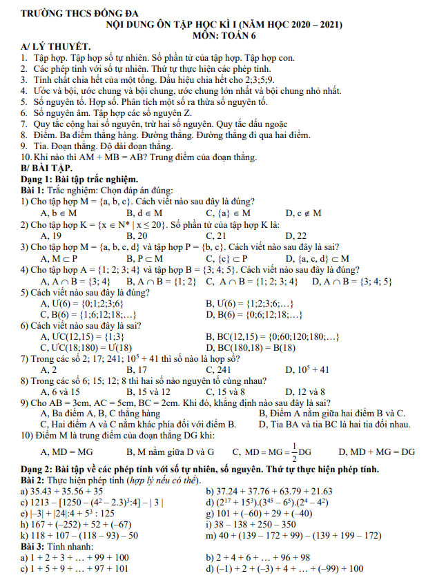 Nội dung ôn tập học kì 1 (HK1) lớp 6 môn Toán năm 2020 2021 trường THCS Đống Đa Hà Nội