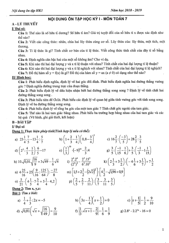 Nội dung ôn tập học kì 1 (HK1) lớp 7 môn Toán năm 2018 2019 trường THCS Láng Thượng Hà Nội