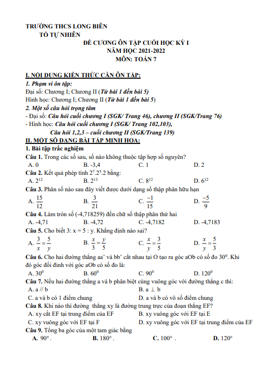 Ôn tập cuối học kì 1 (HK1) lớp 7 môn Toán năm 2021 2022 trường THCS Long Biên Hà Nội