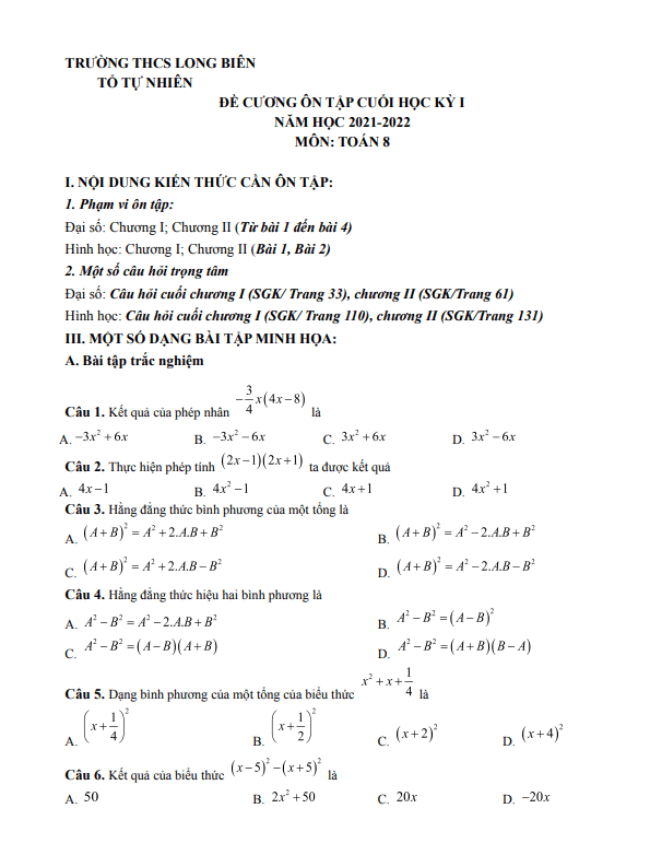 Ôn tập cuối học kì 1 (HK1) lớp 8 môn Toán năm 2021 2022 trường THCS Long Biên Hà Nội