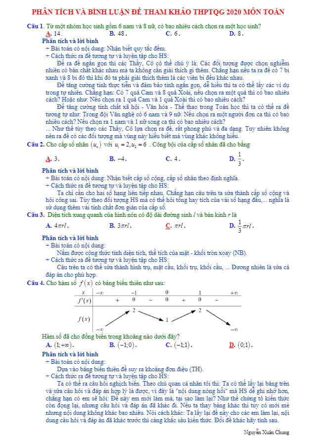 Phân tích và bình luận đề tham khảo THPTQG 2020 môn Toán