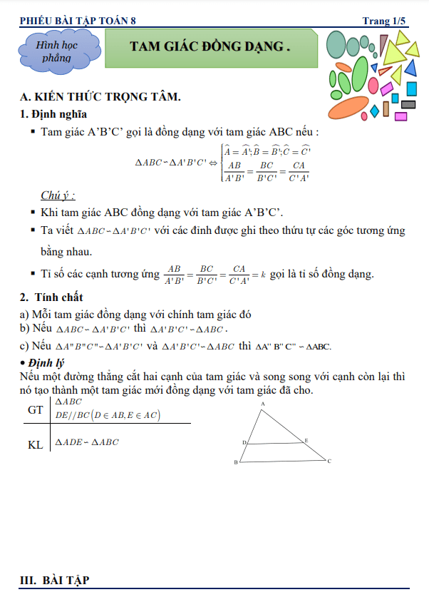 Phiếu bài tập lớp 8 môn Toán chủ đề tam giác đồng dạng