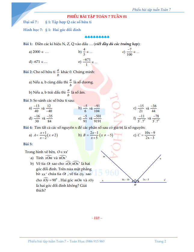 Phiếu bài tập tuần lớp 7 môn Toán