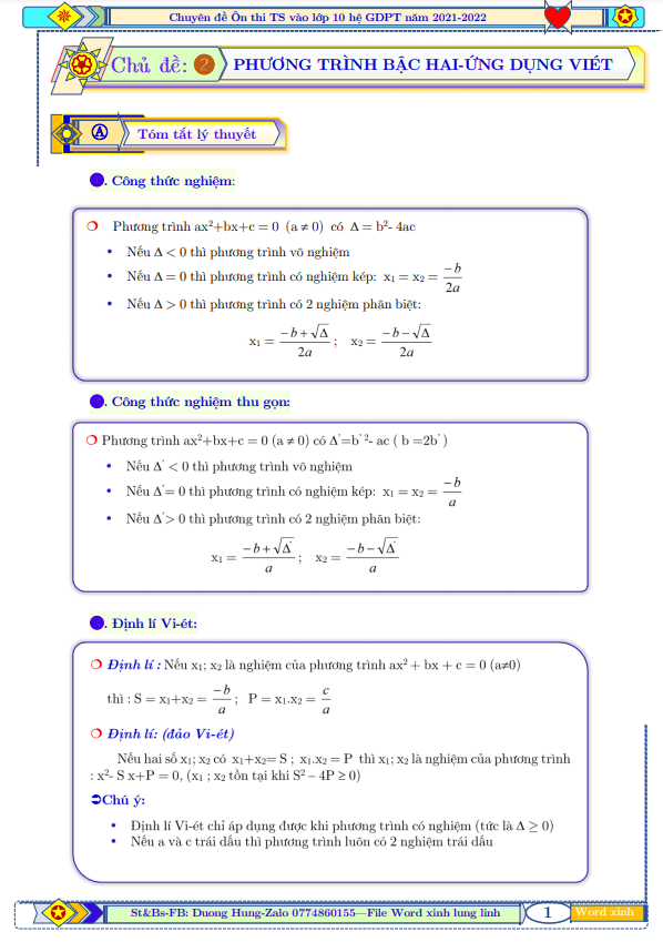 Phương trình bậc hai, hệ thức Vi-ét và ứng dụng Dương Minh Hùng