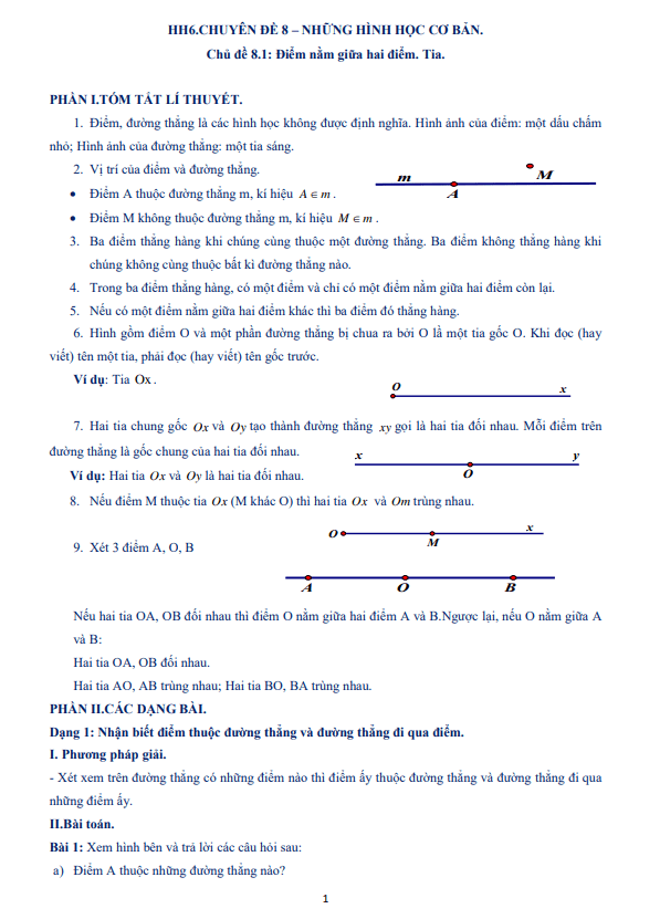 Tài liệu dạy thêm học thêm chuyên đề điểm nằm giữa hai điểm, tia