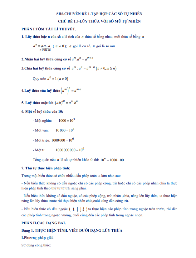 Tài liệu dạy thêm học thêm chuyên đề lũy thừa với số mũ tự nhiên