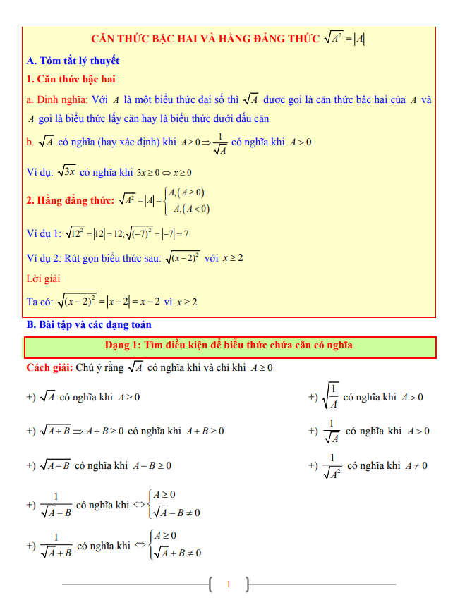 Tài liệu lớp 9 môn Toán chủ đề căn thức bậc hai và hằng đẳng thức $\sqrt {A^2} = \left| A \right|$