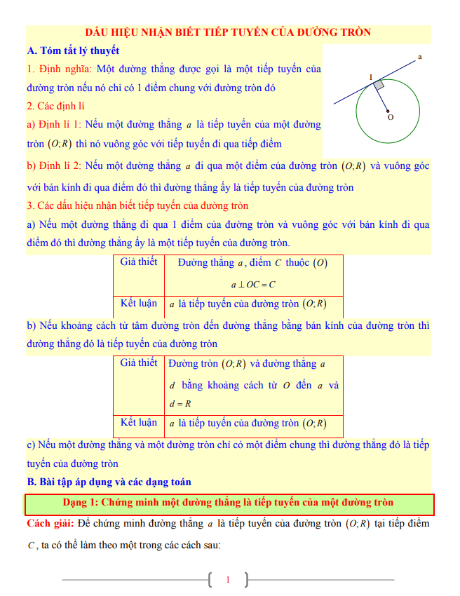 Tài liệu lớp 9 môn Toán chủ đề dấu hiệu nhận biết tiếp tuyến của đường tròn