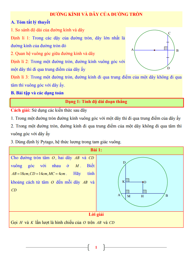 Tài liệu lớp 9 môn Toán chủ đề đường kính và dây của đường tròn