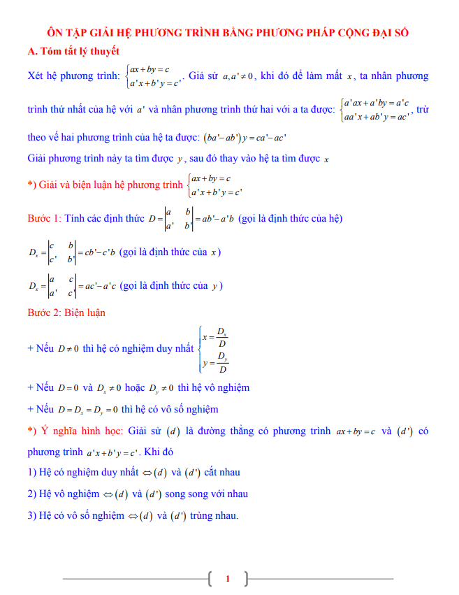Tài liệu lớp 9 môn Toán chủ đề giải hệ phương trình bằng phương pháp cộng đại số