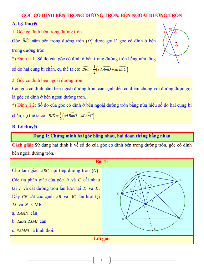 Tài liệu lớp 9 môn Toán chủ đề góc có đỉnh bên trong đường tròn, bên ngoài đường tròn