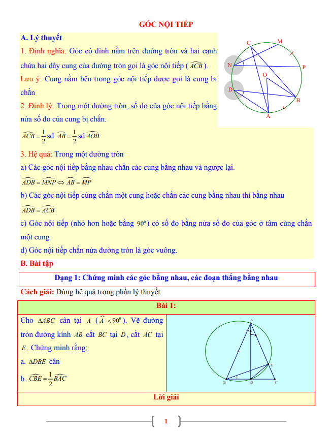 Tài liệu lớp 9 môn Toán chủ đề góc nội tiếp