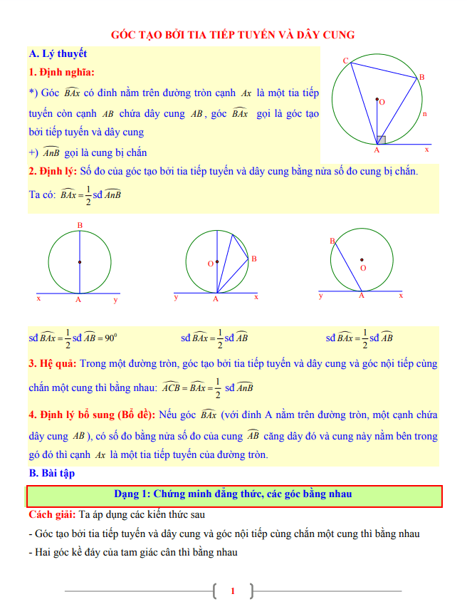 Tài liệu lớp 9 môn Toán chủ đề góc tạo bởi tia tiếp tuyến và dây cung