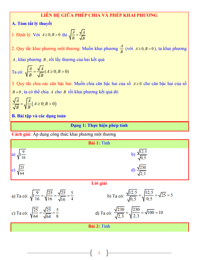 Tài liệu lớp 9 môn Toán chủ đề liên hệ giữa phép chia và phép khai phương