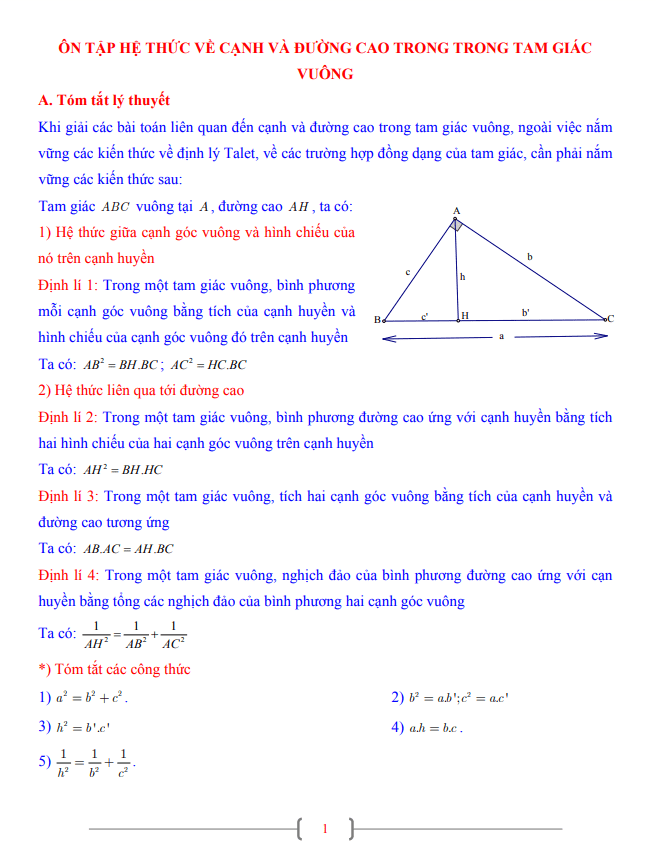 Tài liệu lớp 9 môn Toán chủ đề một số hệ thức về cạnh và đường cao trong tam giác vuông
