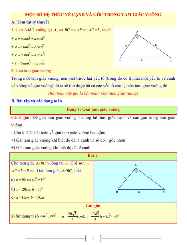 Tài liệu lớp 9 môn Toán chủ đề một số hệ thức về cạnh và góc trong tam giác vuông