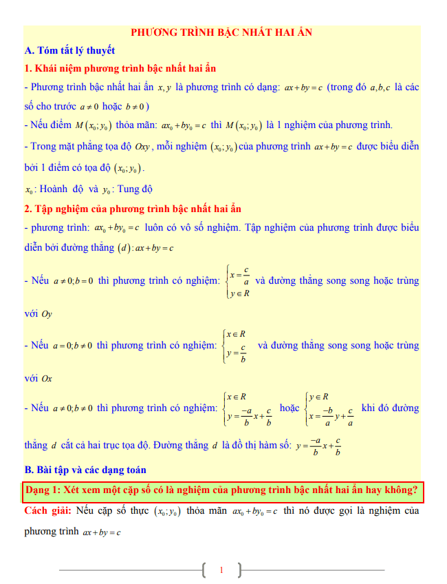 Tài liệu lớp 9 môn Toán chủ đề phương trình bậc nhất hai ẩn
