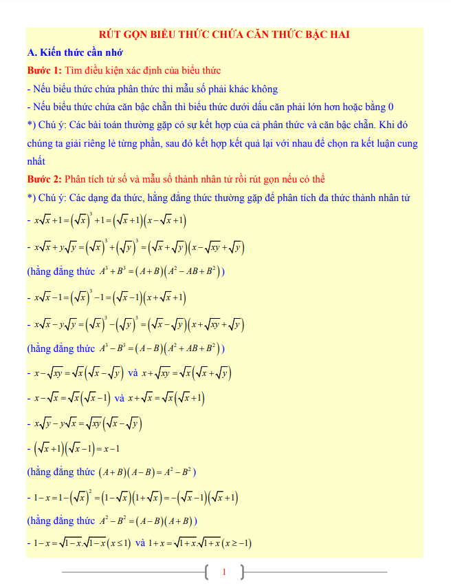 Tài liệu lớp 9 môn Toán chủ đề rút gọn biểu thức chứa căn thức bậc hai