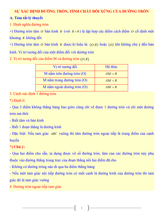 Tài liệu lớp 9 môn Toán chủ đề sự xác định đường tròn, tính chất đối xứng của đường tròn