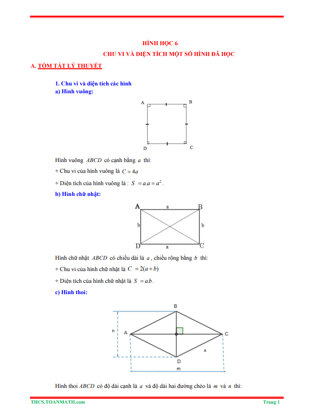 Tóm tắt lý thuyết và bài tập trắc nghiệm chu vi và diện tích của một số tứ giác đã học