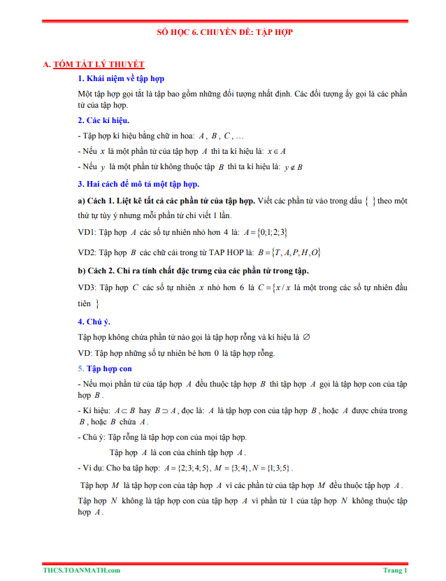 Tóm tắt lý thuyết và bài tập trắc nghiệm chuyên đề tập hợp