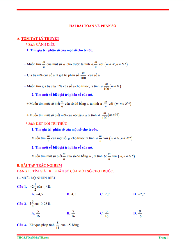 Tóm tắt lý thuyết và bài tập trắc nghiệm hai bài toán về phân số