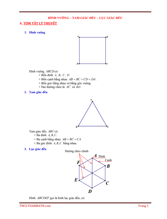 Tóm tắt lý thuyết và bài tập trắc nghiệm hình tam giác đều, hình vuông, hình lục giác đều