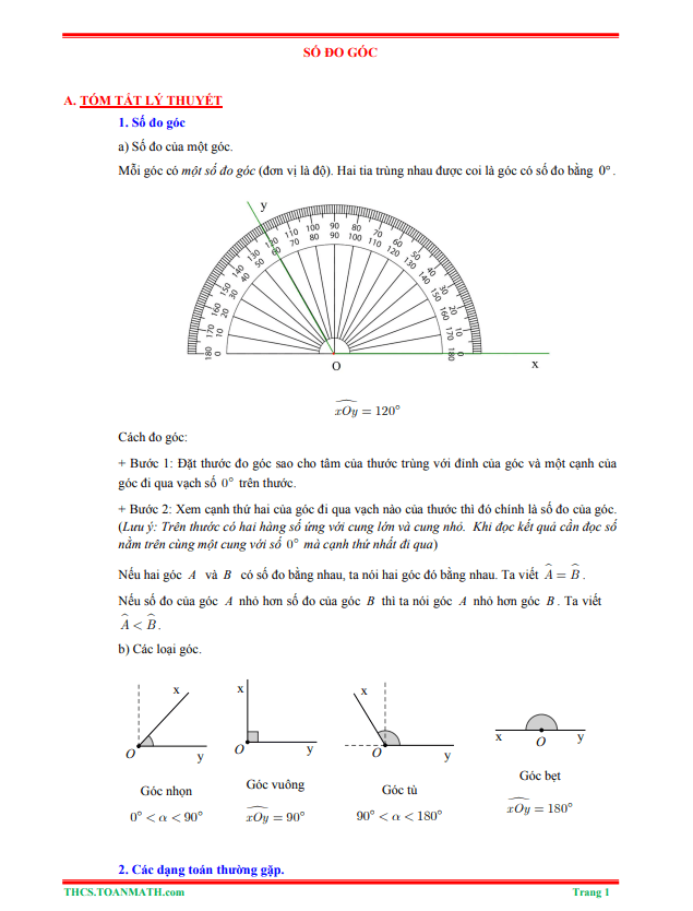 Tóm tắt lý thuyết và bài tập trắc nghiệm số đo góc